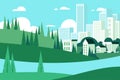 Town landscape, city background, green urban panorama. Tree on cityscape skyline, nature scene, home environment, lake Royalty Free Stock Photo