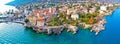 Town of Lovran and Lungomare sea walkway aerial panoramic view