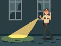 Town male sheriff police officer character in official uniform with flashlight searching on the dark vector Illustration