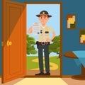 Town male sheriff police officer character in official uniform standing on the doorstep of the house and showing warrant