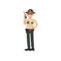 Town male sheriff police officer character in official uniform talking on a radio vector Illustration on a white