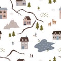 Town map with cute houses, roads, trees and people. HAnd drawn vector illustration. Seamless pattern Royalty Free Stock Photo