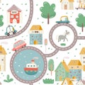 Town Map Kids Seamless Pattern with Cartoon Cars, Houses, Roads. Vector Illustration. Cute City Background for Kids Fabric, Royalty Free Stock Photo