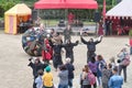 Town market on the Decin castle, Czech Republic, included a funny show called Monks play football