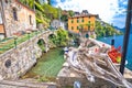 Town of Nesso waterfront and idyllic harbor  on Como Lake Royalty Free Stock Photo