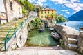 Town of Nesso waterfront and idyllic harbor on Como Lake Royalty Free Stock Photo