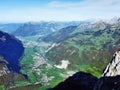 The town of Nestal and the settlement of Riedern in the alpine valley of the Linth River Royalty Free Stock Photo