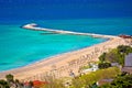 Town of Omis beach and sanbar aerial view