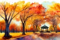 a town park autumn season watercolor painting art gazebo enjoyment leisurely city recreation artwork style paint brush seasons