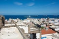 Town with part of the Santa Ana Cathedral, sea and freighter in Las Palmas on Gran Canaria, Spain Royalty Free Stock Photo