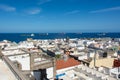 Town with part of the Santa Ana Cathedral, sea and freighter in Las Palmas on Gran Canaria, Spain Royalty Free Stock Photo