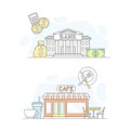 Town public building set. Bank and cafe facade, commercial property vector illustration