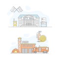 Town public building set. City hall and fire station facade, commercial property vector illustration