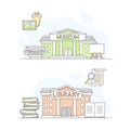 Town public building set. Museum and library facade, commercial property vector illustration