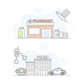 Town public building set. Police and pharmacy facade, commercial property vector illustration