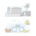 Town public building set. Prison and shop facade, commercial property vector illustration