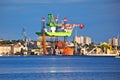 Town of Pula shipyard cranes view from the sea Royalty Free Stock Photo