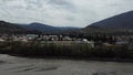 A town with a river in Georgia. Ambrolauri, Georgia. Drone video