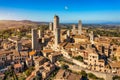 Town of San Gimignano, Tuscany, Italy with its famous medieval towers. Aerial view of the medieval village of San Gimignano, a Royalty Free Stock Photo