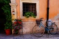 Town scenery. bicycle window flowers Royalty Free Stock Photo