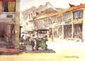 Town scenery watercolor painting