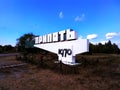 Town sign of Pripyat, Ukraine, site of the 1986 Chernobyl nuclear desaster and iconic landmark of today& x27;s exclusion zone. Royalty Free Stock Photo