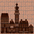 Town silhouette on graphic engraving background.
