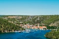 Town of Skradin on Krka river in Dalmatia, Croatia viewed from distance Royalty Free Stock Photo