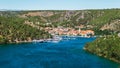 Town of Skradin on Krka river in Dalmatia, Croatia viewed from distance Royalty Free Stock Photo