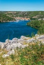 Town of Skradin on Krka river in Dalmatia, Croatia viewed from distance Royalty Free Stock Photo