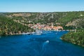 Town of Skradin on Krka river in Dalmatia, Croatia viewed from distance Royalty Free Stock Photo