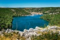 Town of Skradin on Krka river in Dalmatia, Croatia viewed from distance Royalty Free Stock Photo