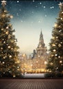 A town square adorned with a towering Christmas tree and a nativity scene watercolor winter border Royalty Free Stock Photo