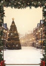 A town square adorned with a towering Christmas tree and a nativity scene watercolor winter border Royalty Free Stock Photo