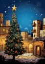 A town square adorned with a towering Christmas tree and a nativity scene watercolor winter border Royalty Free Stock Photo