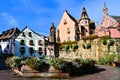 Town square in the Alsace village of Eguisheim, France