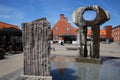 Town square in the city center with a fountain & statue in Skagen, Denmark