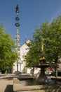 The town square of the town Viechtach with may pole in Lower Bavaria, Germany on a bright sunny summer day