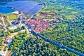 Town of Ston bay and salt fields aerial view, Peljesac peninsula