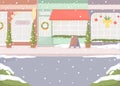 Town street with falling snowflakes flat color vector illustration Royalty Free Stock Photo