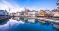 Town of Thun and Aare river reflection panoramic view