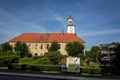 Townhall building in historical city center market square in Trzebiatow, Poland.