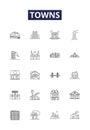 Towns line vector icons and signs. Cities, Townsfolk, Hamlets, Burroughs, Metropolises, Suburbs, Municipalities Royalty Free Stock Photo