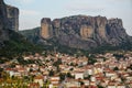 Townscape scenic view of Kalambaka ancient town with beautiful rock formation hill, immense natural boulders pillars and sky