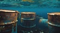 A toxic ballet unfolds, rusty barrels taint the ocean's delicate dance of life.