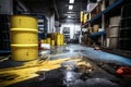toxic chemical spill in a factory, with hazardous materials spilling onto the floor