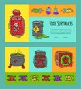 Toxic industry concept banners vector illustration. Different barrel for liquids oil, biofuel, explosive, chemical