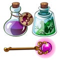 Toxic poison, frog in bottle and wizards golden wand. Witchcraft set of three items. Vector isolated on white