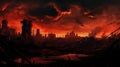 Toxic Ruins: A Post-Apocalyptic City Engulfed in Red Smoke Royalty Free Stock Photo