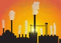 Toxic smoke air pollution from silhouette factory on sunrise background,environmental global warming concept